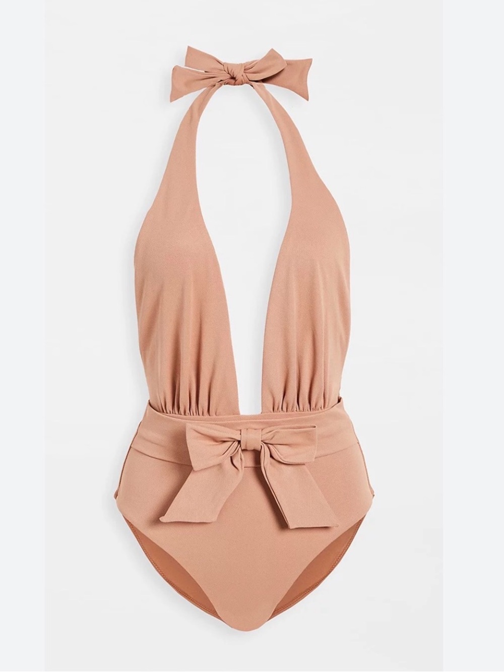 We Wore What Brooklyn One Piece Halter Bow Swimsuit in Camel Tan Nude Size S